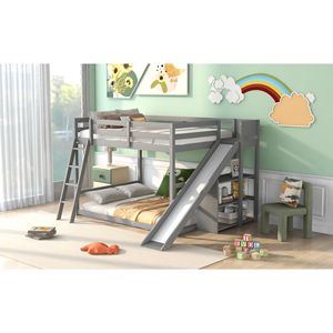 Lit superposé double avec échelle, glissière et étagères - Lit pour enfants gris - Product Image 4