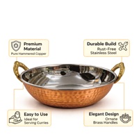 Bol de service Kadai en cuivre martelé de qualité supérieure avec poignées en laiton, plat à curry indien pour restaurant, hôtel, traiteur, buffet