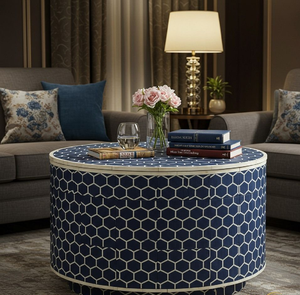 Mesa de centro redonda azul con diseño de incrustaciones de hueso blanco en su superficie. Disponible a precios de mayorista. - Product Image 1
