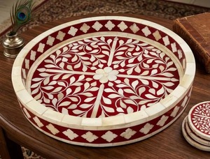 Plateau de service décoratif rond de luxe fait main en os incrusté rouge, plateau de table basse floral, plateau ottoman, plateau de service en bois pour le thé et le petit-déjeuner - Product Image 5