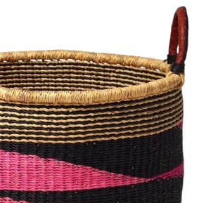 <b>Large</b> Capacity Woven <b>Storage</b> <b>Basket</b> with Leather Handles Pink Black Wave Detail Handcrafted Seagrass Bin for Blankets - Product Image 4