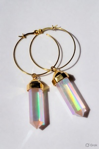 <b>Gold</b> Hoop <b>Earrings</b> with Rainbow Aura Quartz Crystal Points | Large <b>Dangle</b> Statement <b>Earrings</b> | Boho Gemstone Jewelry for Women - Product Image 5