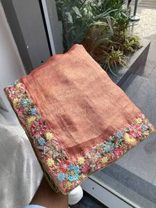 Designer Linen <b>Tissue</b> Saree with Floral Embroidered Border, Premium Party Wear, <b>Wedding</b> & Festive Indian Ethnic Saree for Women - Product Image 5