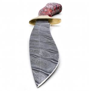 Couteau robuste à lame fixe en acier Damas, outil utilitaire extérieur, manche en résine marbrée rouge, garde en laiton - Product Image 3