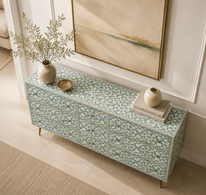 Buffet de salle à manger en bois massif à motifs, console de rangement avec tiroirs et pieds en métal pour salon et entrée - Product Image 3