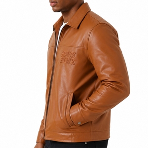 <b>Men's</b> Premium <b>Leather</b> Bomber <b>Jacket</b> Turn-down Collar Zipper Closure Embossed Logo Casual Style Export Quality For <b>Men</b> <b>Jacket</b> - Product Image 3