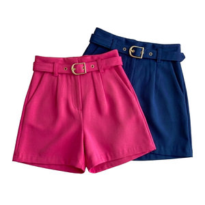 Shorts taille haute unis avec ceinture pour femme, décontractés, tissés, coupe droite, gris, rouge - Product Image 5