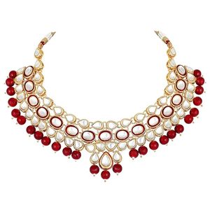 Gold Plated Ethnic <b>Necklace</b> Earring <b>Set</b> With Red Stones And <b>Pearls</b> For Women Wedding Jewelry - Product Image 4