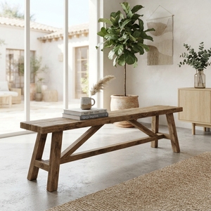 Solid Wood Long Dining <b>Bench</b> Modern Rustic A Frame Leg Natural Teak Style Wooden Entryway Seating <b>Bench</b> Home Living Furniture - Product Image 3