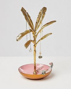 Gold Metal Palm Tree Jewelry Stand With Pink <b>Ceramic</b> Base Bohemian Home Decor For Bedroom Tabletop Use - Product Image 1