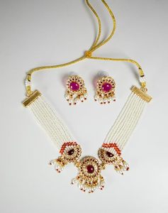 Conjunto de Collar, Pendientes y Tocado de Aleación de Zinc Bañado en Oro con Circonita Roja y Perlas de Imitación, Joyería de Moda Étnica para Mujer, Ideal para Bodas - Product Image 5