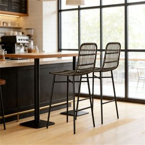Black Rattan Bar <b>Stool</b> <b>Dining</b> Chair with Two Bars Set of Two - Product Image 2