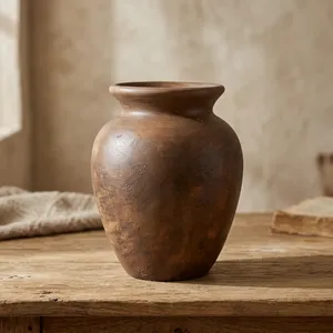 Vase en terre cuite rustique marron Javier fait main, style traditionnel d'Oaxaca, décoration d'appoint pour la maison - Product Image 1