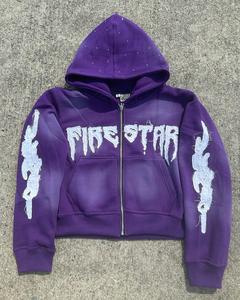 เสื้อฮู้ดดี้ประดับเพชรเทียม แต่งลายปักแบบดิสเทรส ซิปหน้า สไตล์สตรีทแวร์ คุณภาพพรีเมียม ซิปแบบครอป ยูนิเซ็กส์ - Product Image 2