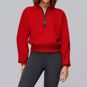 Sweat-shirt court oversize pour femme avec fermeture éclair, col montant, épaules tombantes, manches longues, couleur unie, tricoté, respirant, pour l'automne - Product Image 2