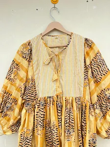 Bohemian Yellow Tiger Print Cotton Midi <b>Dress</b> Vintage Puff Sleeve <b>Loose</b> Fit Tie Neck Summer <b>Dress</b> For Women - Product Image 3