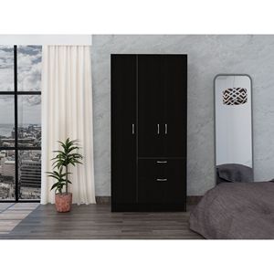 Armadio a Doppia Anta Nero/Bianco con Cinque Ripiani, Asta Appendiabiti in Metallo e Un Cassetto - Product Image 1