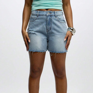 Shorts de Mezclilla de Cintura Alta para Mujer, 300 g, Lavado Claro, Estilo Vintage, Corte Regular, Casual, Verano - Product Image 3