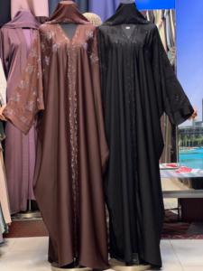 2026 New V Neck Long Sleeve Floor Length Modest Polyester Handmade <b>Flared</b> Hem Abaya Beaded Detail Women's Traditional Muslim - Product Image 1