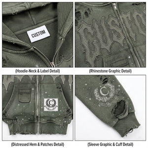 Custom Embroidered Hoodie Mens Massive 450gsm Green <b>Jumper</b> Gothic Lettering Full Zip up Studded Distressed Boxy Fit <b>Pullover</b> - Product Image 4