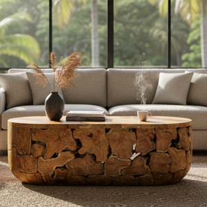 Table basse ovale en teck rustique de qualité supérieure, fabriquée à la main en bois naturel, meubles de salon, ambiance chaleureuse et accueillante, ARTERRA - Product Image 3