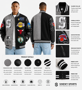 Veste varsity imperméable pour homme, mélange polyester/coton, manches en simili cuir, patchs en chenille, fermeture à un bouton, col rabattu - Product Image 1