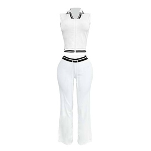 Custom Logo Women's 2 Piece Sports Set Sleeveless Zipper Jacket High Waist Pants Breathable Knitted Activewear All Seasons - Product Image 5