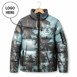 Heritage Masonic Regalia Custom Logo Quilted Puffer Jacket Winter Stand Collar Full Sleeve Printed Palm <b>Tree</b> Pattern Unisex Coat - Product Image 1