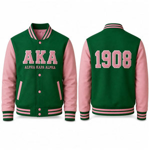 Chaqueta Varsity Alpha Aka a Bajo Precio, Color Verde y Rosa, Logotipo Bordado, Cierre de Botones 1908, Estilo Preppy, Unisex - Product Image 1