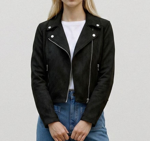 <b>Black</b> PU <b>Suede</b> Moto <b>Jacket</b> Slim Fit Turn-down Collar Zipper Closure Short Length Unisex Autumn Wear - Product Image 1