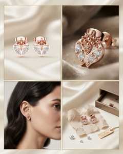Boucles d'oreilles en or rose avec diamants, boucles d'oreilles à clous pour femmes, forme de cœur florale, à porter tous les jours, bijoux cadeau - Product Image 3