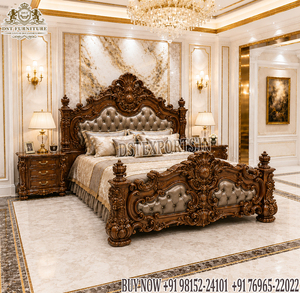 Cama Maharaja Antigua de Madera con Taburete, Muebles de Dormitorio Estilo Barroco para Villas de Lujo, Juego de Dormitorio de Madera de Teca de Birmania - Product Image 5