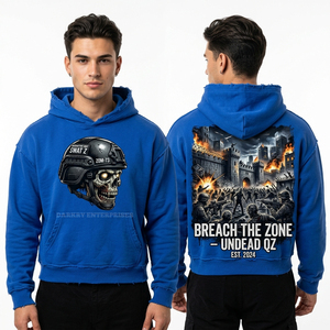Sweat à capuche personnalisé pour homme, rose pêche, imprimé graphique Woodcut Zombie Farm, streetwear, pull en molleton de coton épais - Product Image 4