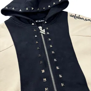 Conjunto de Sudadera con Capucha y Pantalones Deportivos de Algodón Grueso para Hombre, con Bloques de Color, Cierre de Cremallera y Remaches de Diamantes de Imitación, Personalizable - Product Image 4
