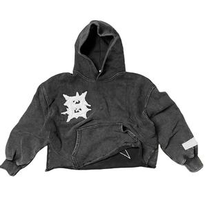 Sudadera con Capucha Oversize para Hombre, Negra, con Bordado Desgastado, Logotipo con Letras, Bolsillo Frontal, Manga Regular, Felpa Francesa, 100% Algodón, Lavado Ácido - Product Image 1