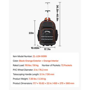 Zaino Porta Attrezzi Resistente con Capacità di Carico di 50 Kg, 72 Tasche, Chiusura a Cerniera e Manico Telescopico Regolabile - Product Image 6