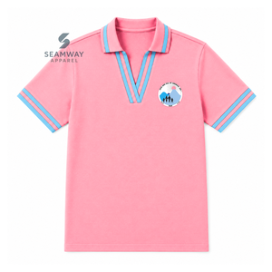 เสื้อโปโลผู้หญิง Jack And Jill Of America สีชมพู-น้ำเงินลายทาง คอวี ผ้าปิเก้ แขนสั้น ปักลายตราสัญลักษณ์ คอปก แบรนด์ Greek Life - Product Image 1
