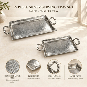 Juego de bandejas de aluminio con acabado plateado distintivo, bandejas martilladas con asas |   Bandeja de Servicio de Lujo para Mesa de Comedor, Decorativa - Product Image 5