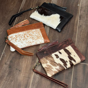 Western Hair On Hide Portefeuille à pompons en cuir véritable marron foncé Porte-cartes de crédit en cuir de vachette Pochette pour femme - Product Image 5