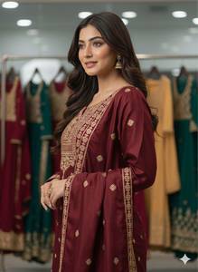 Ensemble de costume palazzo en soie ethnique pour femmes, broderie lourde, tenue traditionnelle indienne pakistanaise pour mariage, fête, Diwali - Product Image 4