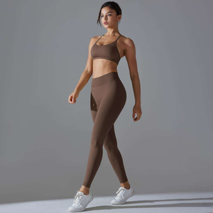2 Piece Yoga Set Burgundy Racerback Crop Top High Waist Full Length <b>Leggings</b> Seamless Spandex Polyester Sport Wear - Product Image 5