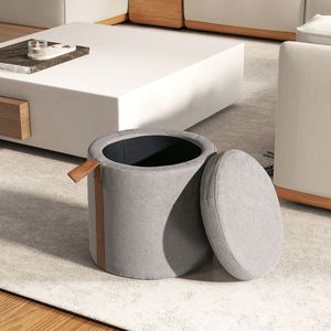 Uptown Gray 14\" Round Storage Ottoman Brandy Upholstered with <b>Leather</b> Accent <b>Stools</b> & Ottomans Product - Product Image 2