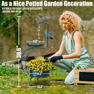 36-Inch Vintage Metal Garden Bird Bath with Solar Lamp Flower Planter Pedestal Outdoor Standing Bird Feeder Solar Garden Lights - Product Image 3