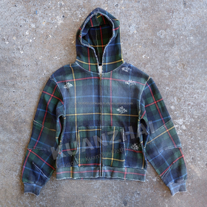 Acid Wash Distressed Waffle Knit Boxy Cropped Oversize Drop Shoulder Zip up Vestes Hommes Custom Plaid Flanelle Hoodie Fabricant - Product Image 3