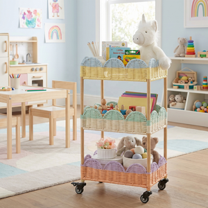 Handcrafted 3-Tier Scalloped Rattan Rolling Cart Multi-Color Woven Kids Nursery Utility Cart with Wheels for Kitchen Living Room - Product Image 5