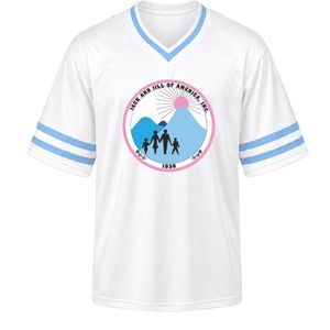 เสื้อเจอร์ซีย์กีฬาคอวีปักลายตราสัญลักษณ์ไวท์แจ็คแอนด์จิล แขนสั้น ลายทางสีฟ้าอ่อน เสื้อทีมกีฬา - Product Image 1
