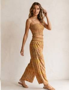 Ensemble décontracté bohème 2 pièces pour femme : haut court tricoté et pantalon large imprimé cachemire, coupe ample, 100 % soie, tenue printemps-été - Product Image 1