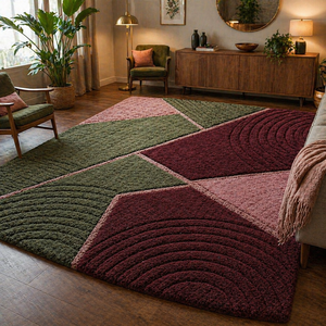 Tapis en laine tufté à la main, tapis géométrique moderne, tapis vert bordeaux rose, tapis abstrait moelleux, décoration pour salon et chambre - Product Image 5