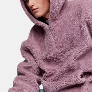 <b>Men's</b> Pink Fleece Hooded Quarter Zip Sweatshirt Oversized Fit Front Logo Winter Wear Anti-Pilling Solid Color <b>Men's</b> <b>Hoodies</b> - Product Image 4