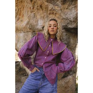 Blusa de Manga Larga a Cuadros para Mujer, Cuello Marinero, Camisa Tejida con Botones al Frente, Uso Diario Informal, Verano/Invierno, 100% Algodón - Product Image 3